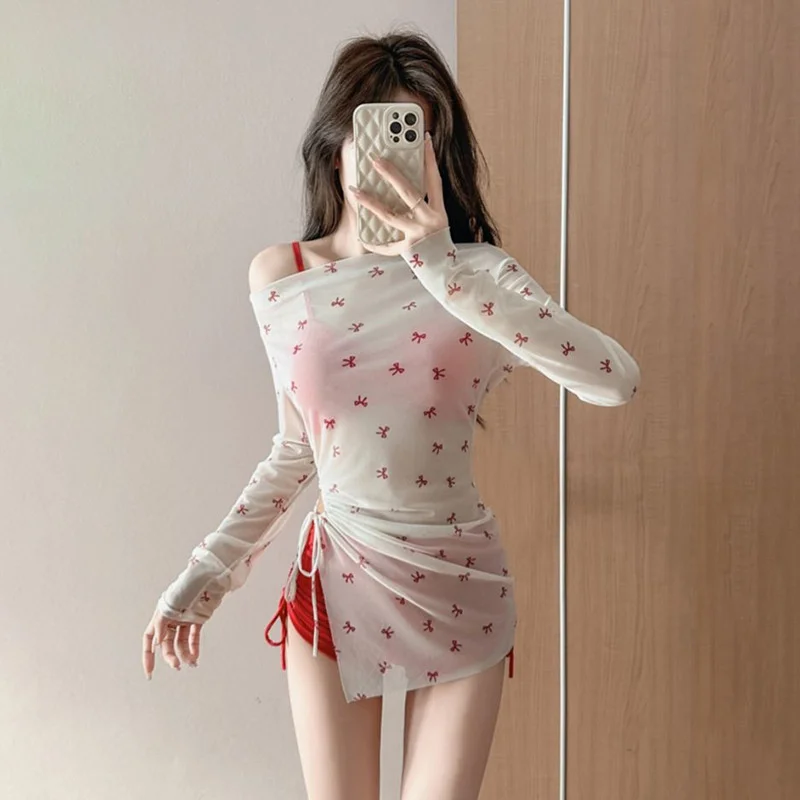 3 قطعة/المجموعة 2025 الصيف بيكيني ملابس السباحة للنساء مثير بيكيني طويلة الأكمام الشمس واقية أعلى القوس ملابس الشاطئ عطلة زي