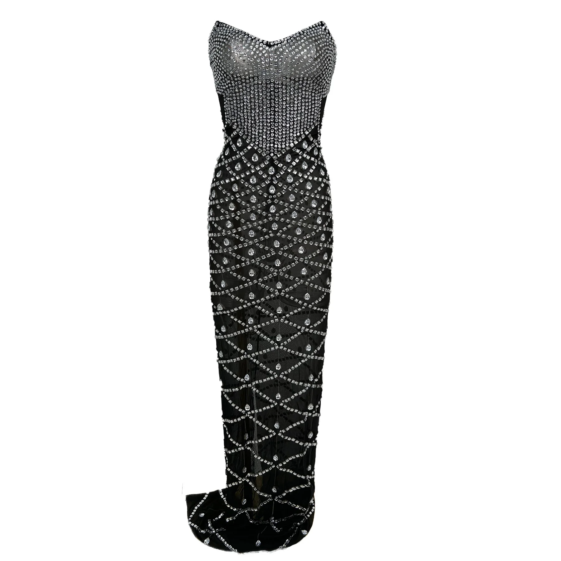 

Luxury Rhinestone Black Sheer Mesh Sparkly Maxi Dress Sweetheart Neck Clear Strap Bodycon Formal Party Sexy Gown For Prom Event