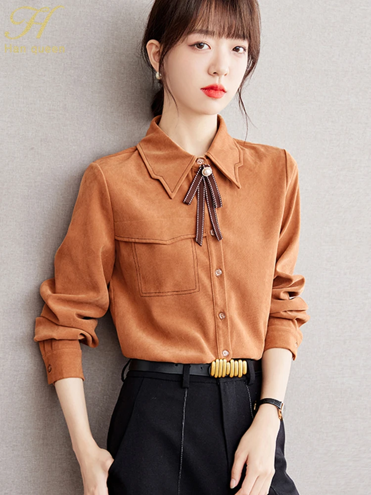 H Han Queen 2024 Autumn Blouses Elegant Bow Loose Long Sleeve Bristle Blouse Work Casual Tops Women's Business Vintage Shirts