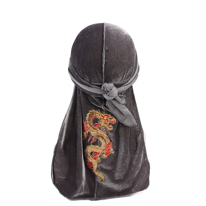 Fashion Velvet China Dragon Pattern Durag Breathable Bandana Long Tail Headwrap Women And Men Solid Color Hip Hop Turban