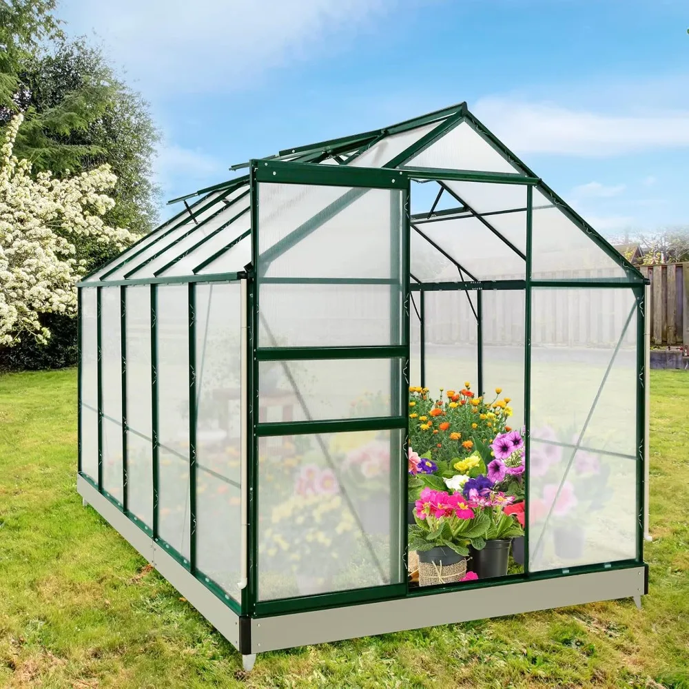 10x6x7 Outdoor Walk-in Hobby Greenhouse with Adjustable Roof Vent, Rain Gutter, Base and Anchor, Polycarbonate Aluminum Green