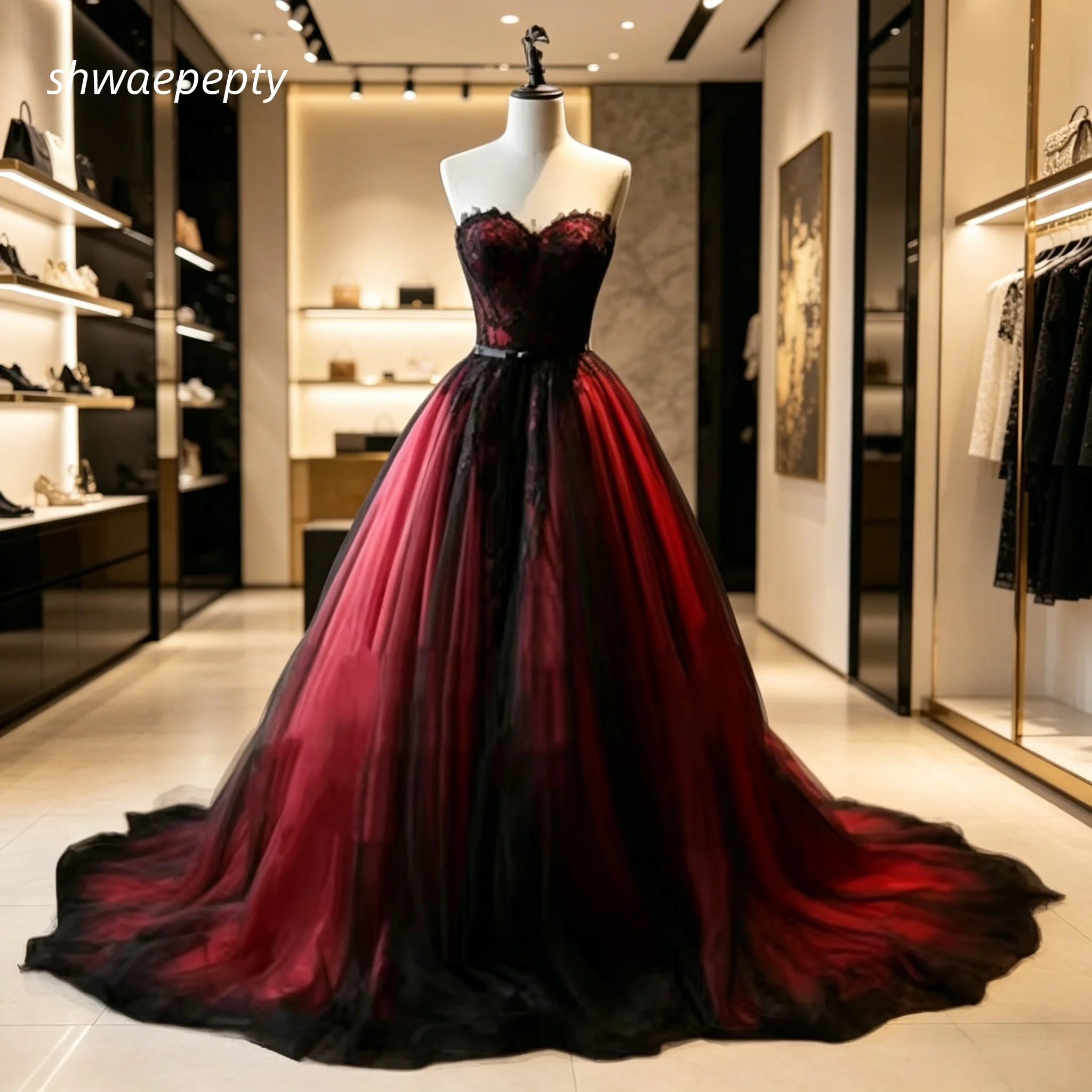 Red And Black Gothic Wedding Dress Sleeveless Long Tulle Vampire Vintage Bride Gowns Lace Appliques Back Lace-Up Customized