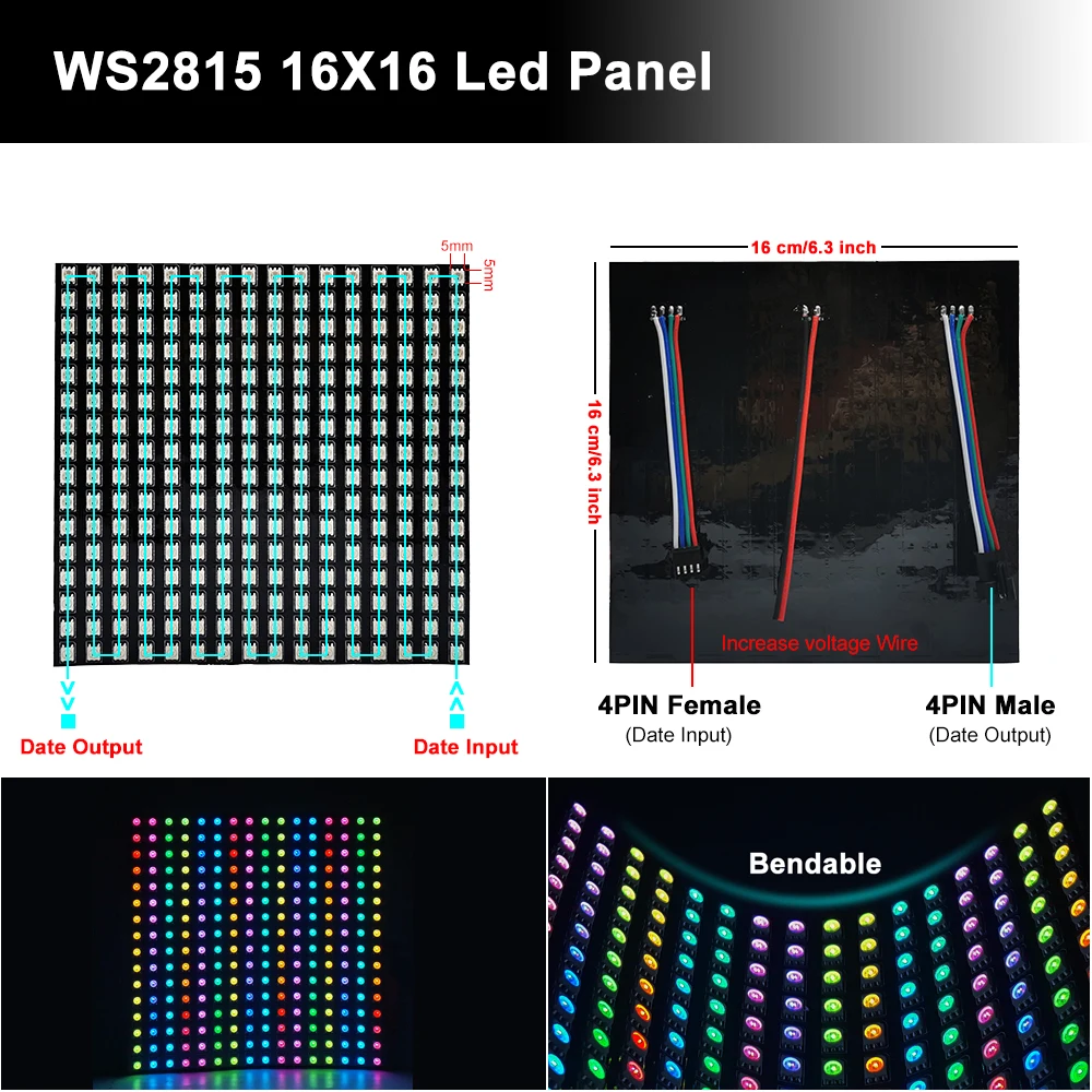 DC12V WS2815 8*8 8*32 16*16 Led Panel 4Pin Individually Addressable 5050 RGB Pixels Matrix Flexible Screen Dual Signal Module