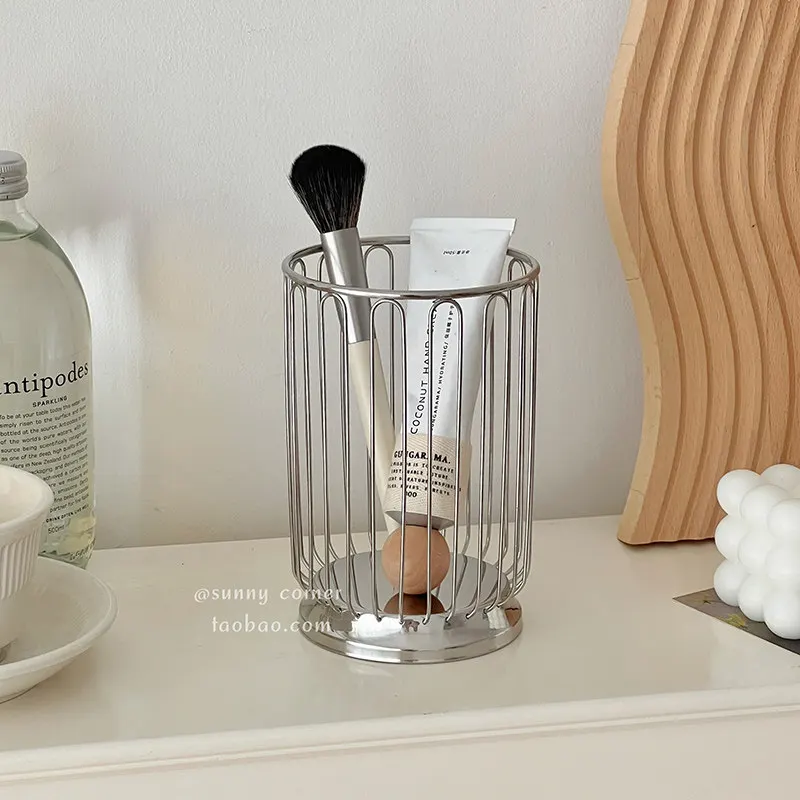 Minimalist Stainless Steel Storage Container For Desk Multifunctional Organizer Bin Makeup Brushes Comb Drainage Holder