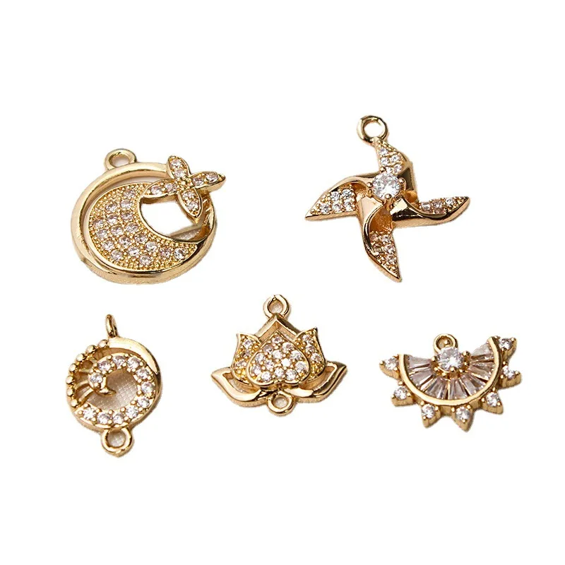 1pcs Diy Jewelry Accessories Copper Zircon Pinwheel Fan-shaped Lotus Flower Double Pendant Earrings Necklace Material Charms