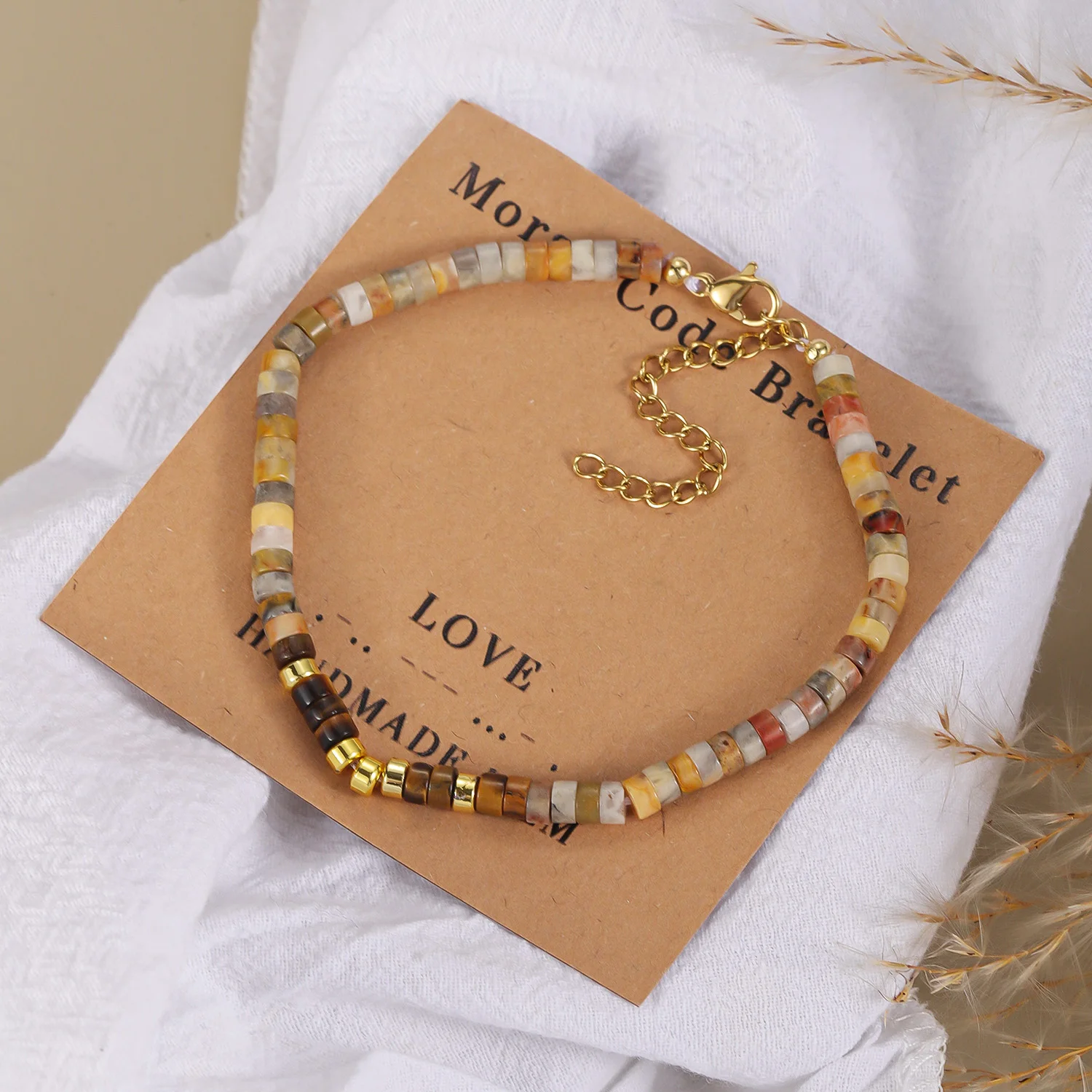 Qitian Customize Morse Code Bracelet Crazy Lace Heishi Agate Bead Custom Name Secret Word Love Adjustable Stone Bracelet Jewelry