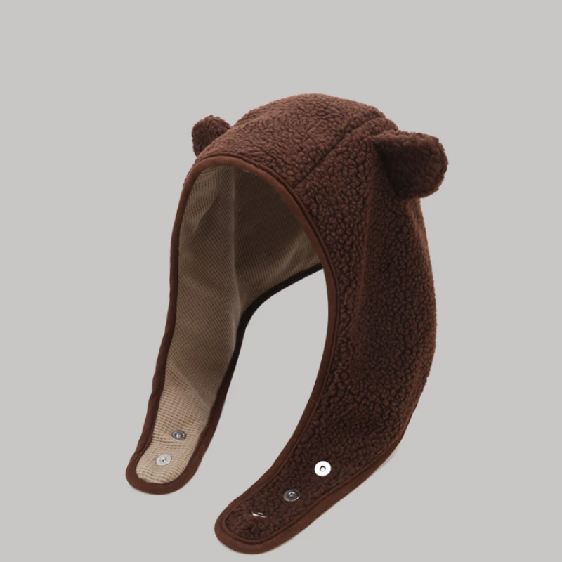 Unisex Brown Cute Little Bear Safety Helmet Polar Fleece Magnetic Buckle Y2K Polar Fleece Ear Protection Hat Pooyikoi Cute Bear Safety  main image 2