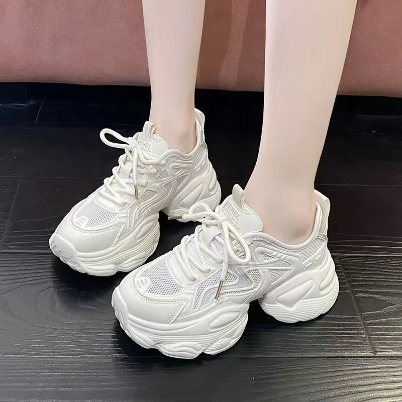 

Белые женские кроссовки на платформе, весна 2024, вулканизированная обувь на толстой подошве со шнуровкой, женская дышащая спортивная обувь из искусственной кожи