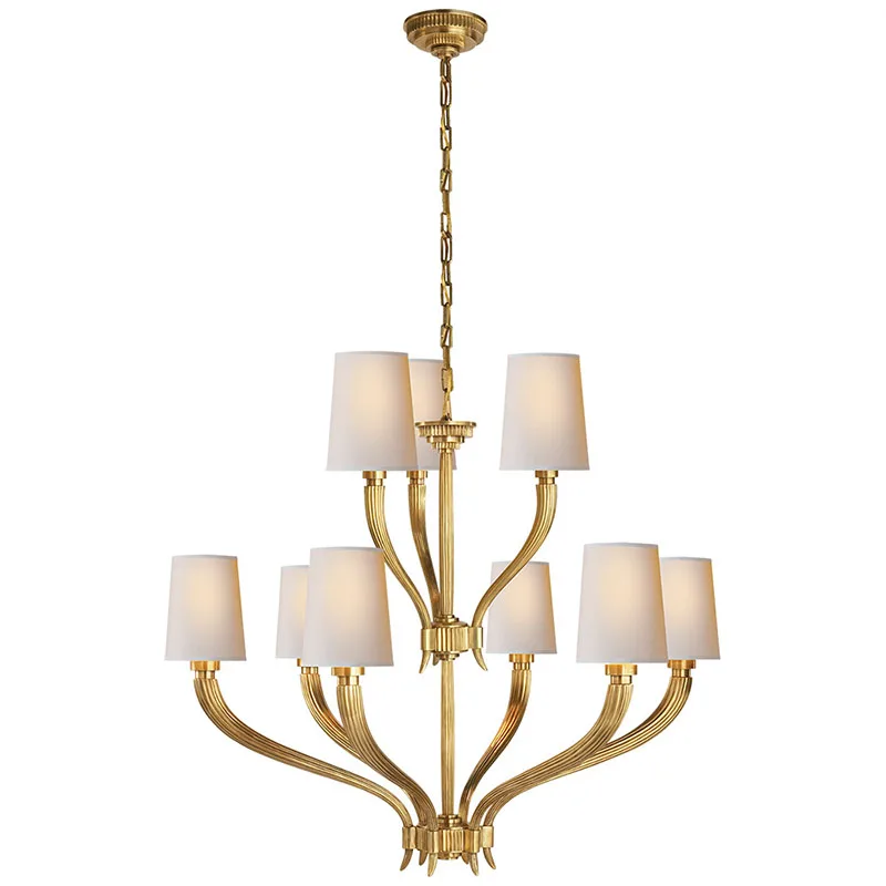 Modern Chandelier Lighting With Fabric Lampshade Brass Hanging Lamp For Living Room Hallway Staircase Ceiling Light Fixture