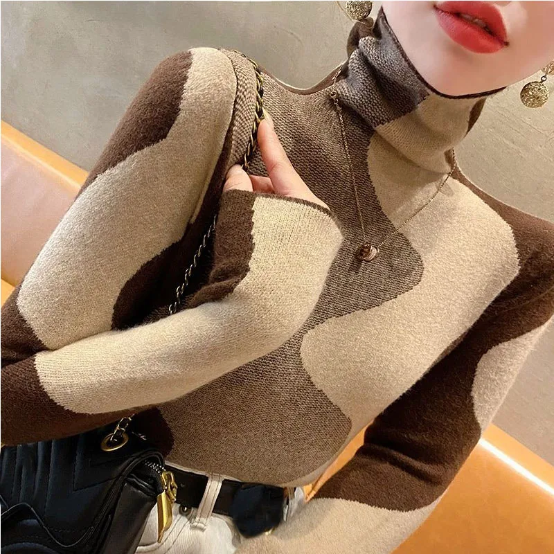 

High neck sweater for women autumn and winter new autumn winter base sweater high-end pullover color blocked knit inner layer