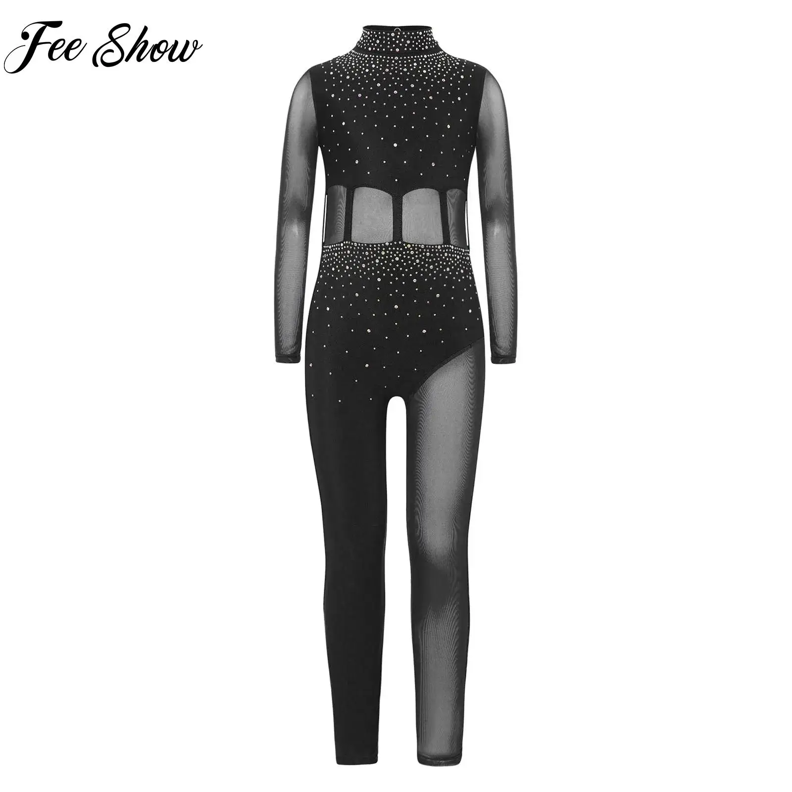 

Sparkling Rhinestones Rhythmic Gymnastics Jumpsuit for Girl Long Sleeve Full Bodysuit Acrobatics Figure Skating Ballet Dancewear