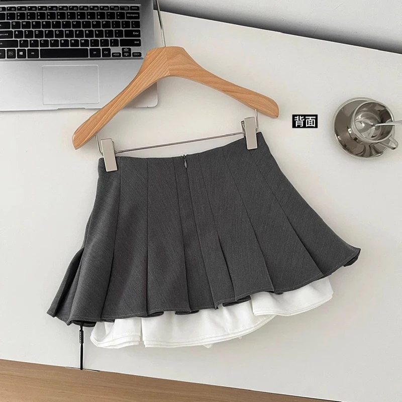 Y 2K Zwarte Geplooide Rok Vrouwen Koreaanse Vintage Chic Ruches Mini Rok Grijs Schattige Patchwork Hoge Taille Een Lijn Rok Dames Nieuw