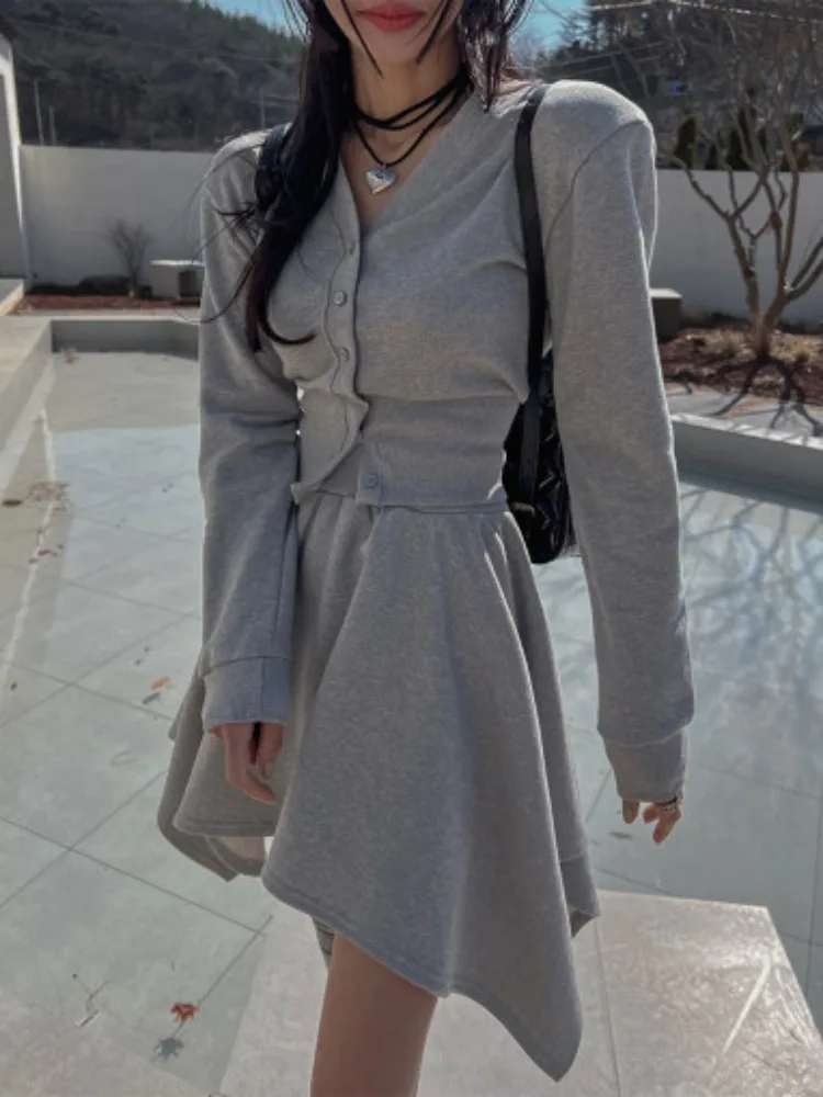 

Женский весенне-осенний комплект из юбки-свитера с эластичной резинкой на талии, открытый кардиган, пальто, юбка с неровным подолом, комплект из двух предметов