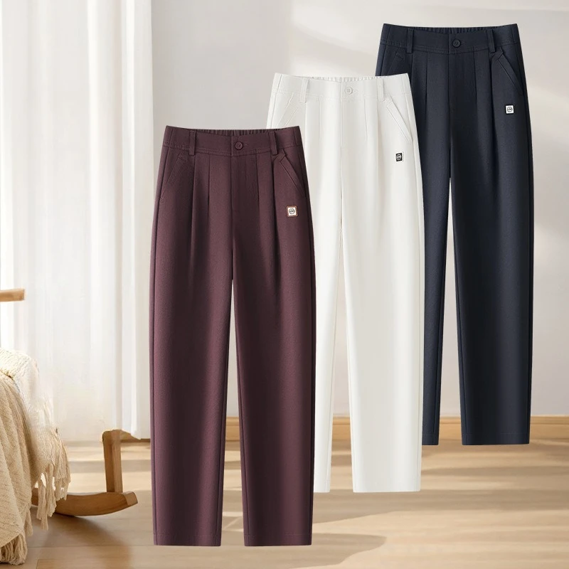 سراويل كاجوال نسائية باللون الأبيض الفاتح، سراويل حريم بطيات عالية الخصر للخريف الجديد، مقاسات آسيوية، سراويل مطاطية باللون الأزرق الداكن، S-XXXL.