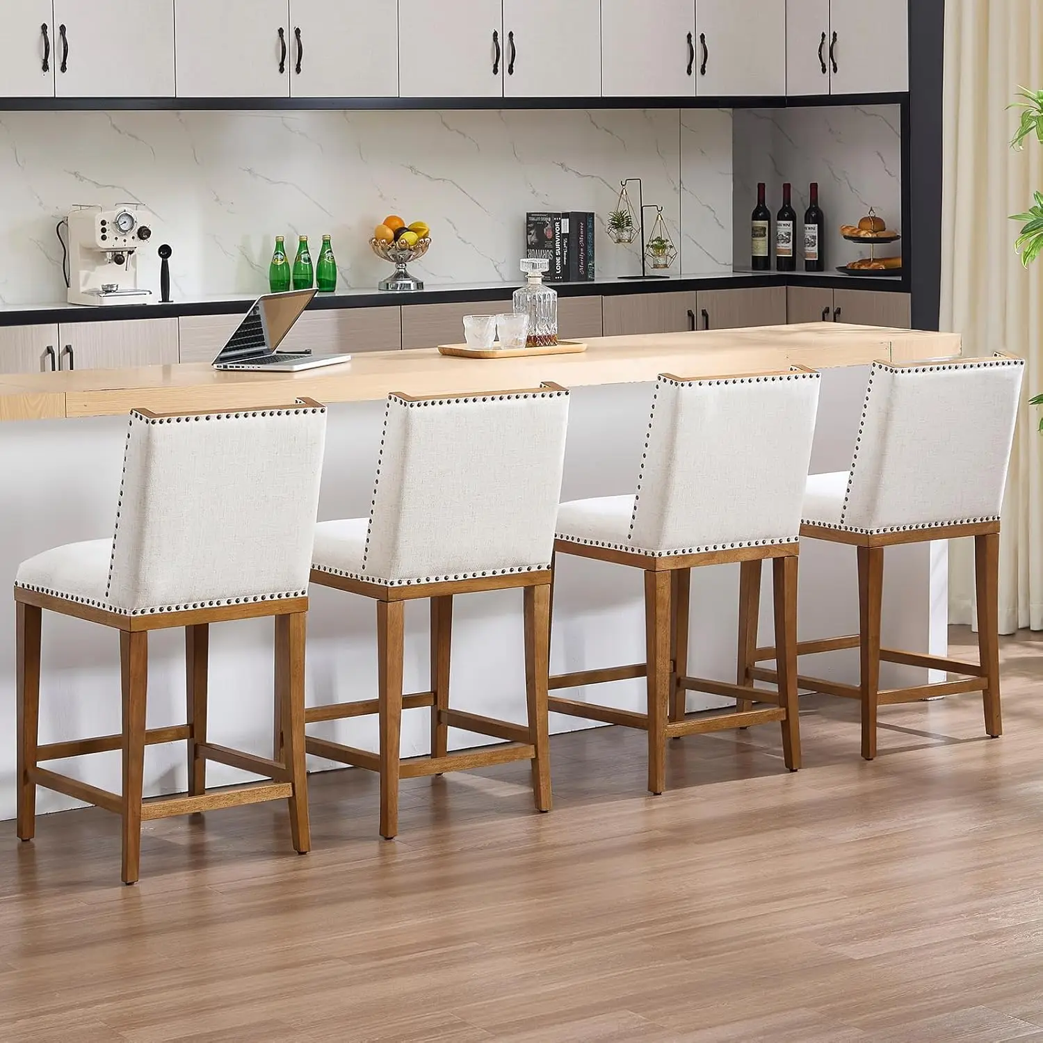 

Farmhouse Bar Stools Set Of 4, 26" Counter Height Barstools With Back Wood Bar Stools Rustic Linen Upholstered, Customized