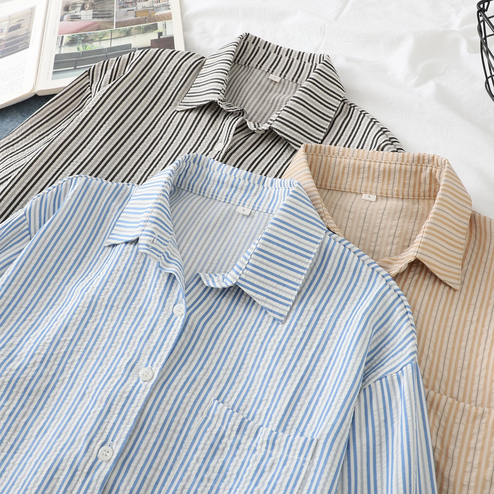 2025 تصميم جديد رائع أزرق أسود مخطط قميص المرأة عادية كم طويل بلوزة قطن وبلوزات سيدة مكتب قمصان الملابس