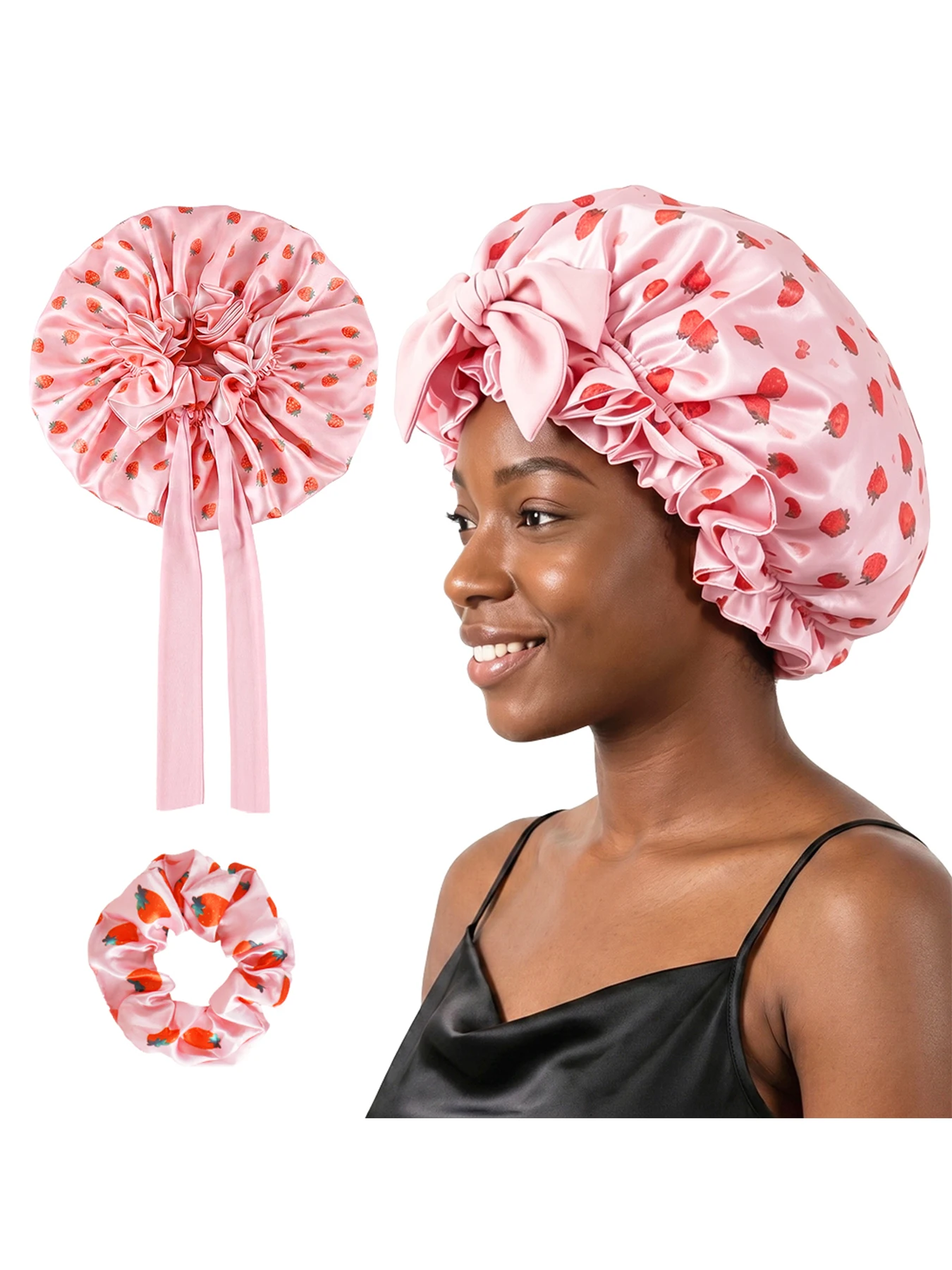   Bonnet de nuit en satin double couche imprimé, bonnet de douche en satin, bandeau réglable pour cheveux bouclés