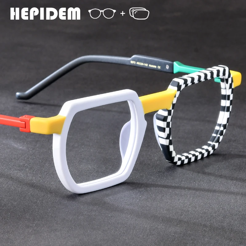 HEPIDEM Progressive Korrektionsbrillen, maßgeschneiderte optische Anti-Blau-Myopie-Gläser, Brillen für Männer und Frauen, quadratische Acetat-Brillen 373