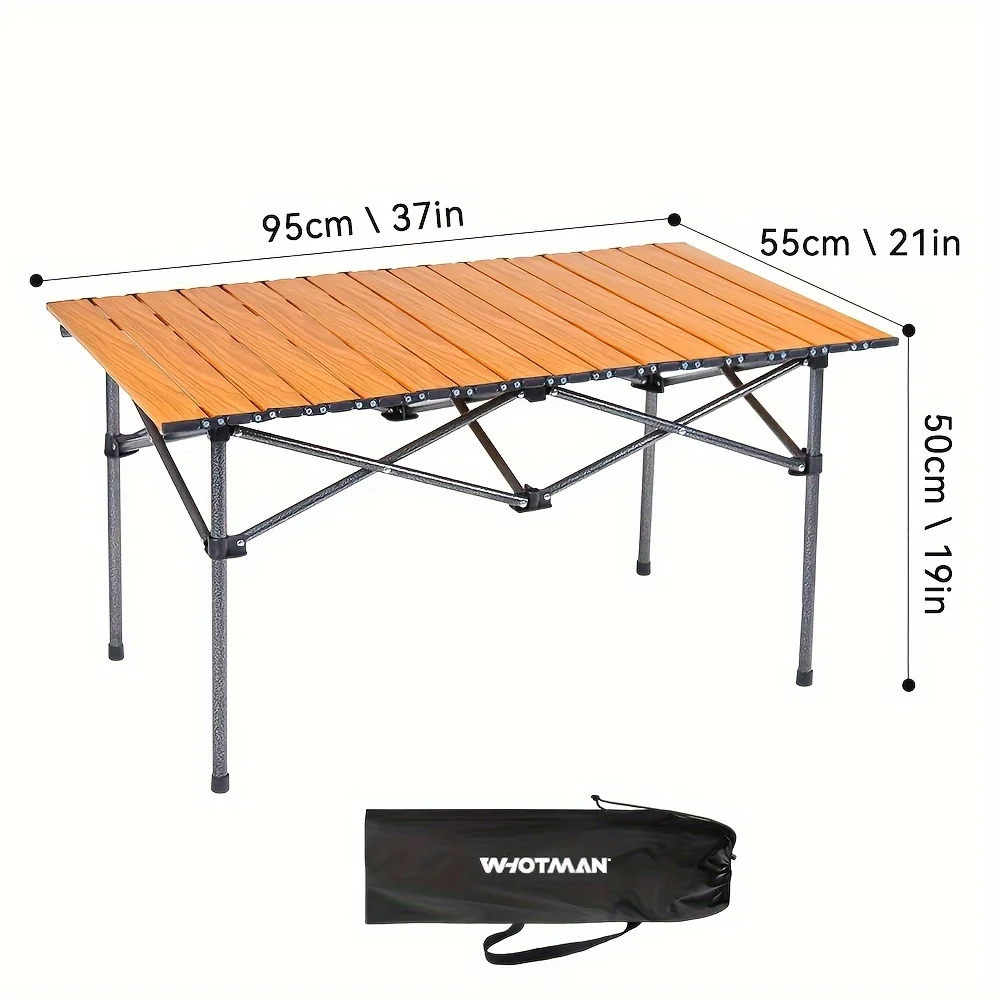 Outdoor Camping and Picnic Table with Wood Grain Pattern, Portable Folding Table, Portable Rolling Up Camping Table