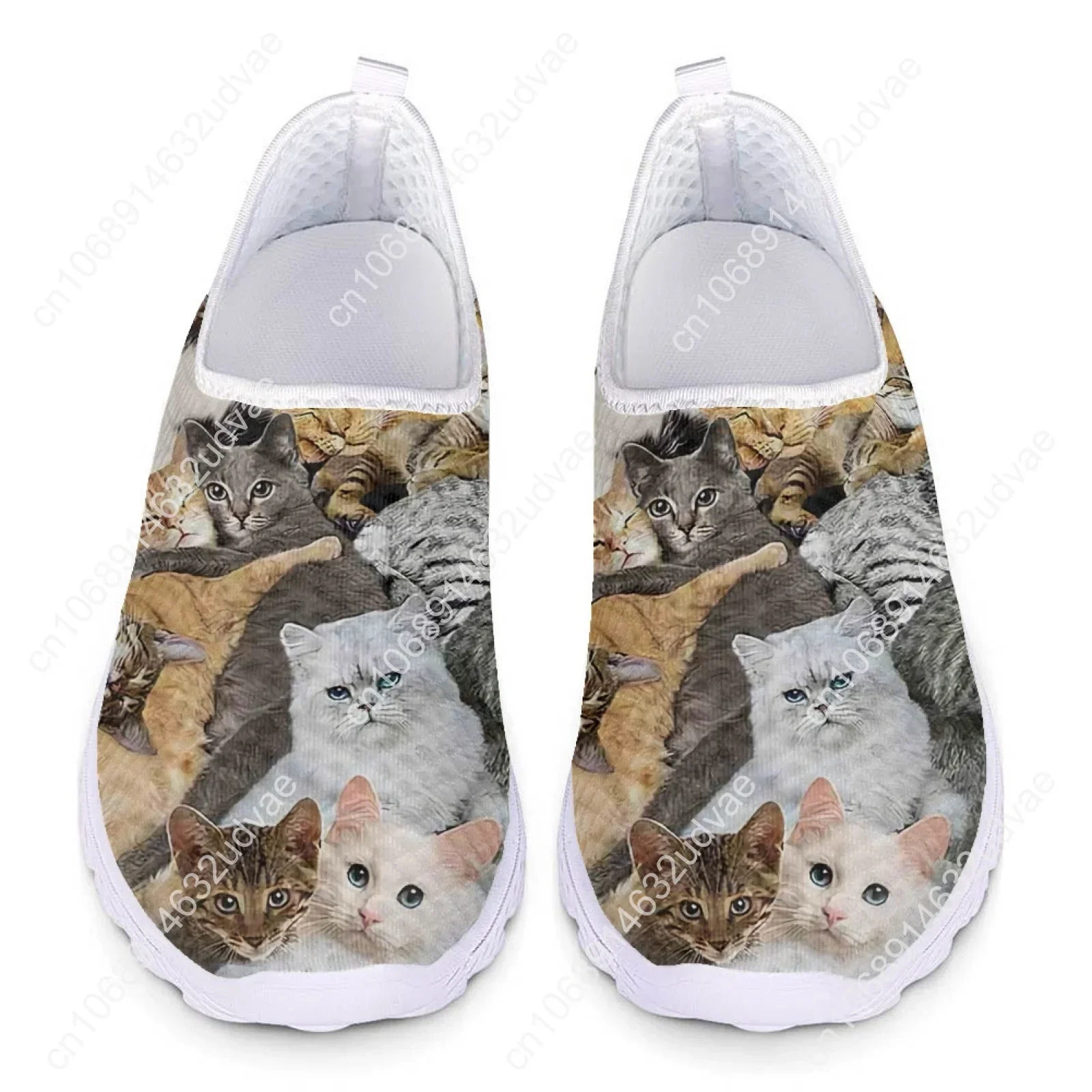 Cute 3D Cat Printing Female Mesh Sneakers Breathable Slip-on Loafers Lightweight Women Flat Shoes Casual Footwear