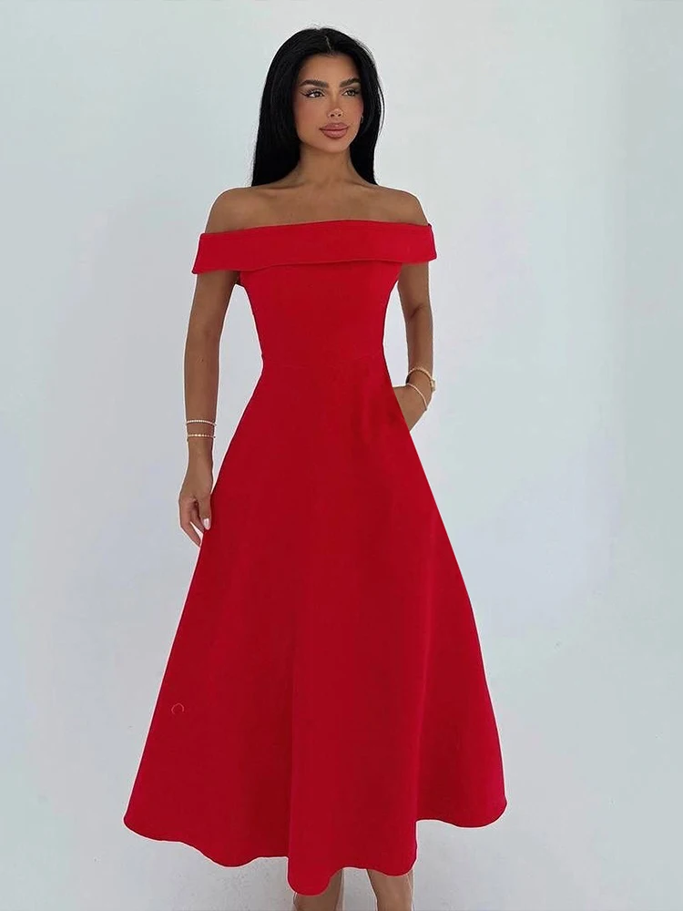 Kliou clásico A-line vestido largo drapeado Simple sólido fuera del hombro espalda descubierta ceñido al cuerpo mujer verano básico Hipster Vestidos de calle