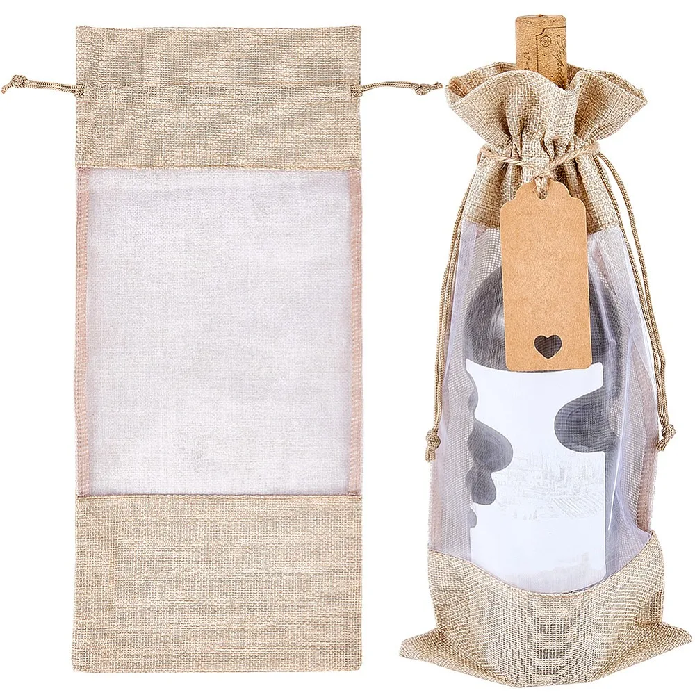 Jute Cloth Wine Bottle Storage Pouches Rectangle Drawstring Bags with Visible Window Wheat 36.7x16.5x0.3cm