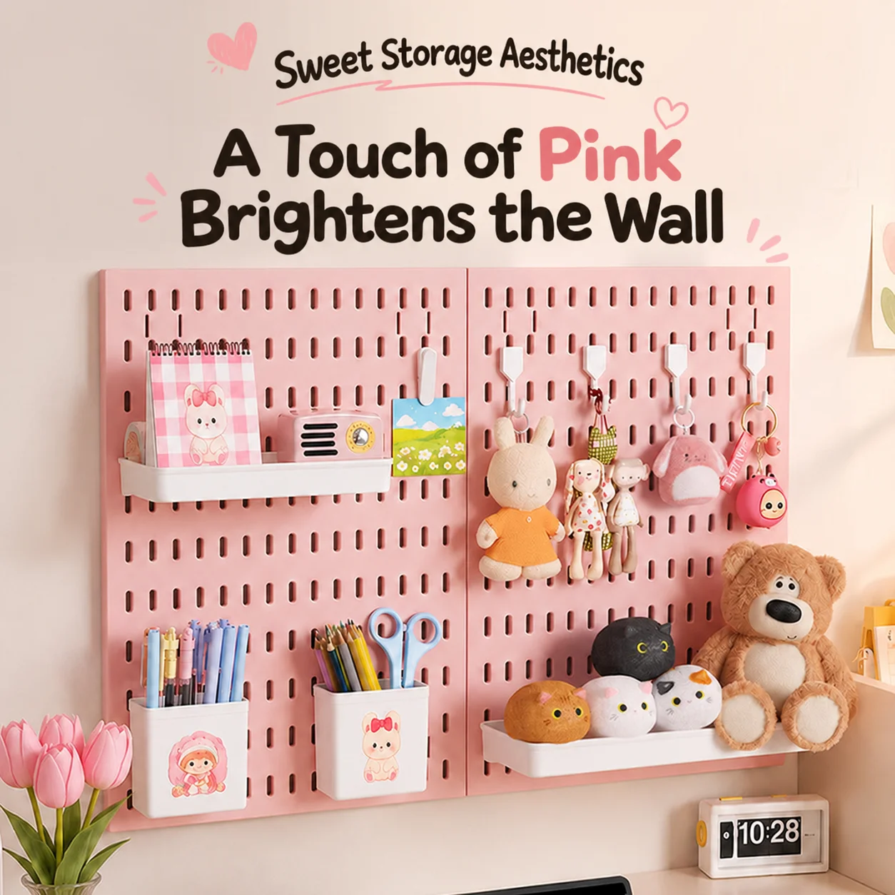 Pink No Drill Wall & Desktop Pegboard Freely Combinable Hanging Board for Dorm Jewelry & Ornament Storage