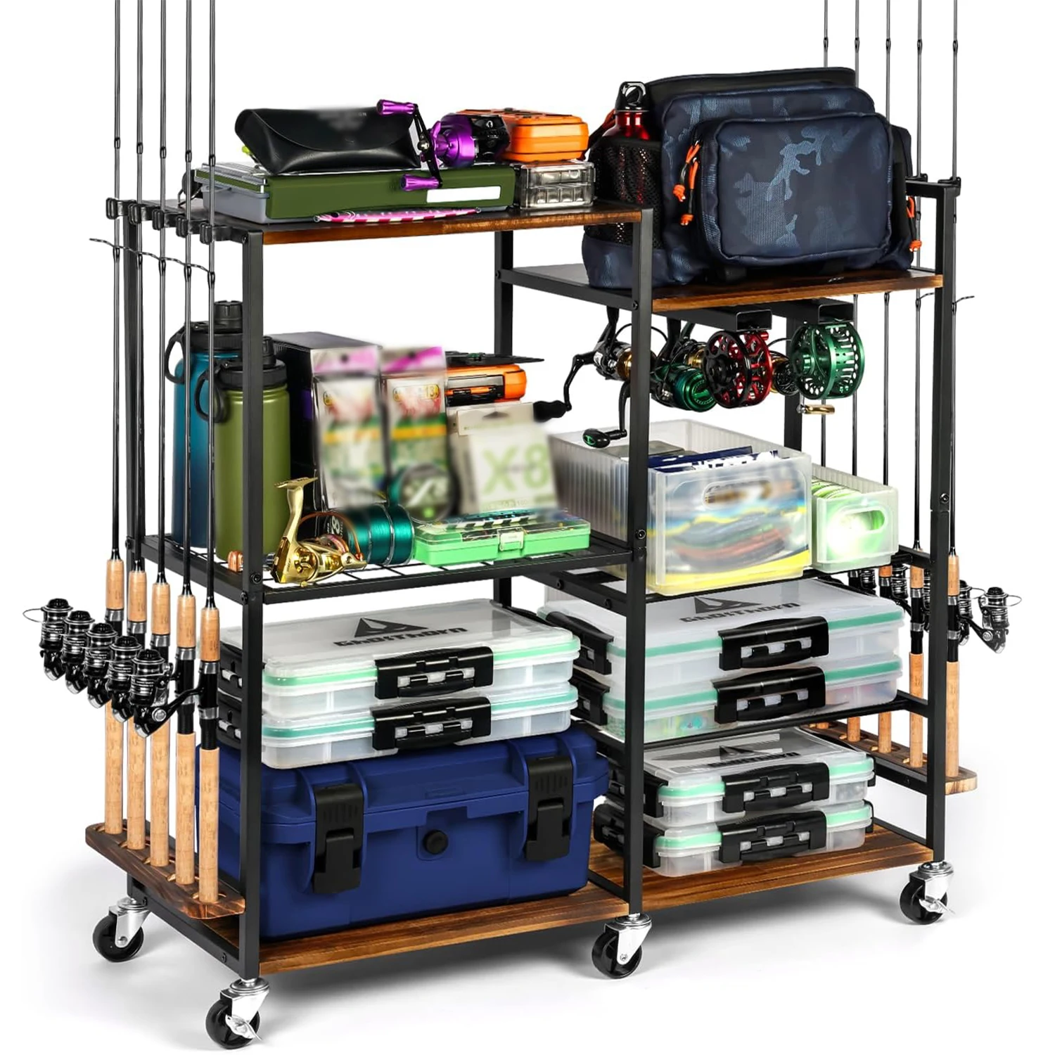 6-Wheel Iron Wood Fishing Rod Cart with 2 Tackle Boxes, Rolling Fishing Tackle Storage Organizer