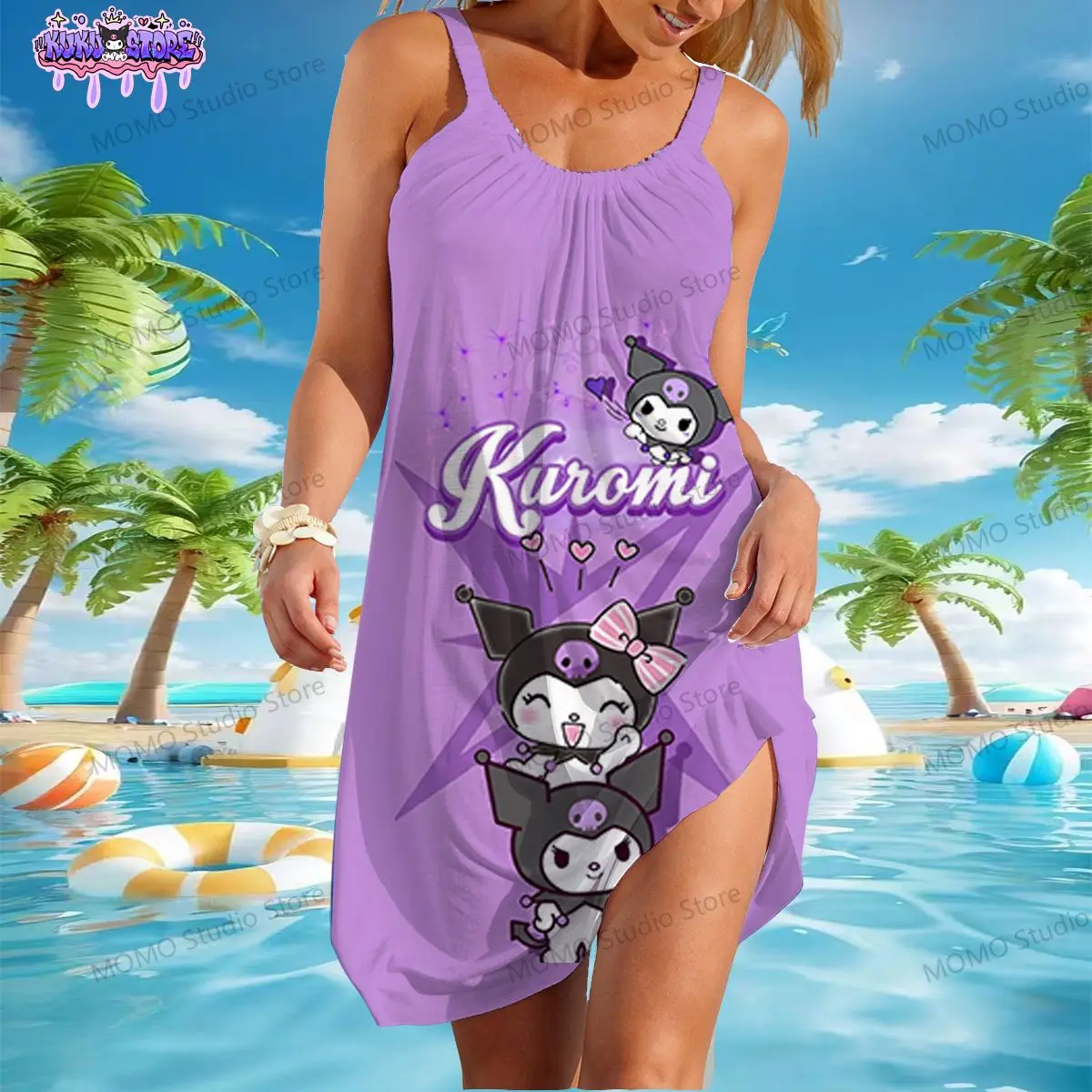 

Women's Beach Dresses Kuromi Kawaii Summer Youthful Woman Clothes Sanrio Sling Y2k New Dress 2024 S-3XL Boho One-piece Fashion