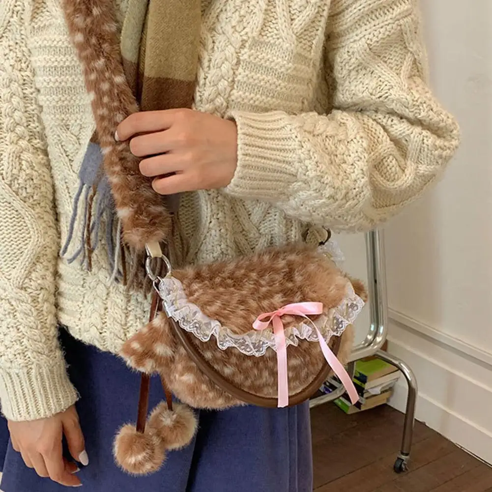 Lolita Plush Handbag Cute Lace & Bow Decor Faux Fur Shoulder Bag Vintage Brown Top-handle Bag Spotted Deer Pattern Underarm Bag view 4