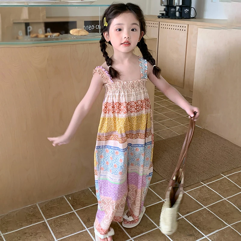 Vintage Ethnic Style Kids Girl Casual Rompers Loose Boho Casual Jumpsuits Sleeveless Print Strappy Jumpsuit