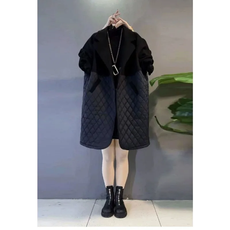 Fat Sister Inverno / Autunno Nuovo Cappotto trapuntato in lana trapuntata con diamanti da donna di grandi dimensioni in cappotto lungo in cotone con colletto a silhouette