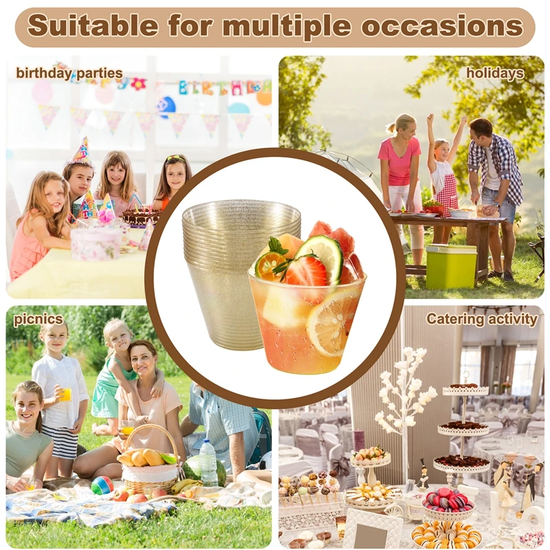 Golden Plastic Cup Disposable Water Cup Golden Powder 90OZ Juice Cup Dessert Cup Mousse Cup Wedding Tableware Decoration