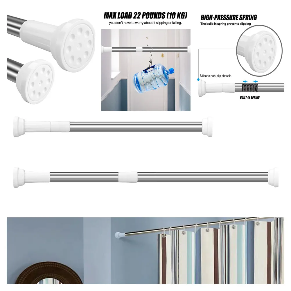 20 To 78Inch Tension Shower Curtain Rod Length Adjustable Spring Pole Stainless Steel Never Rust Non-Slip for Bathroom Kitchen 