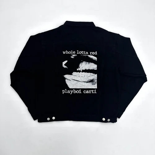 Imagen 2 del producto Playboi Carti-abrigos de béisbol de mezclilla roja LOTTA para hombre, chaquetas de lavado antiguo, abrigo digital abstracto, cálido, nuevo, 2023, #455
