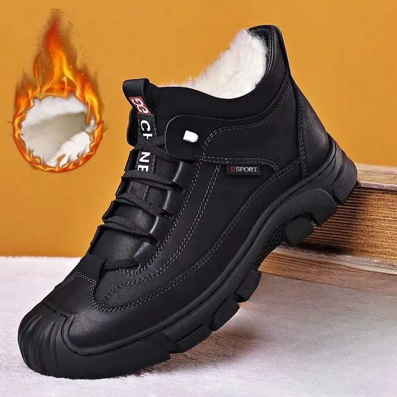 

2024New Winter Men's Casual Leather Short Boots Velvet Warm Platform Snow Boots Non-slip Outdoor Walking Shoes Botas Para Hombre