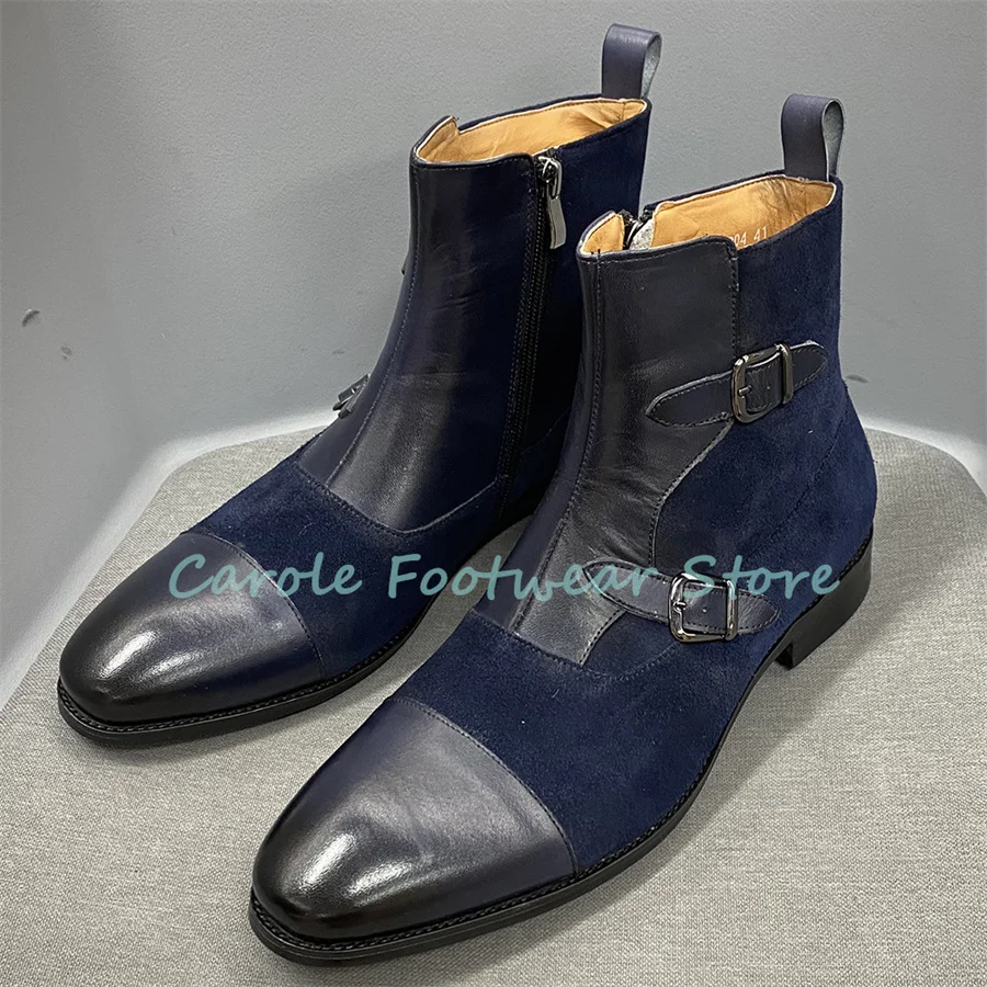 Belt Buckle Decor High Top Chelsea Boots Male Mixed Color Splicing Leather Chunky Heel Ankle Boots Business Party Dress Shoes