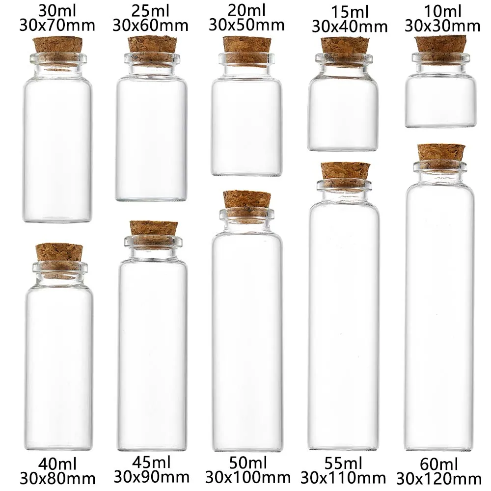 

24pcs 10ml 15ml 20ml 25ml 30ml Cute Clear Glass wishing Bottles with Cork Stopper Empty Spice Bottles Jars DIY Crafts Vials