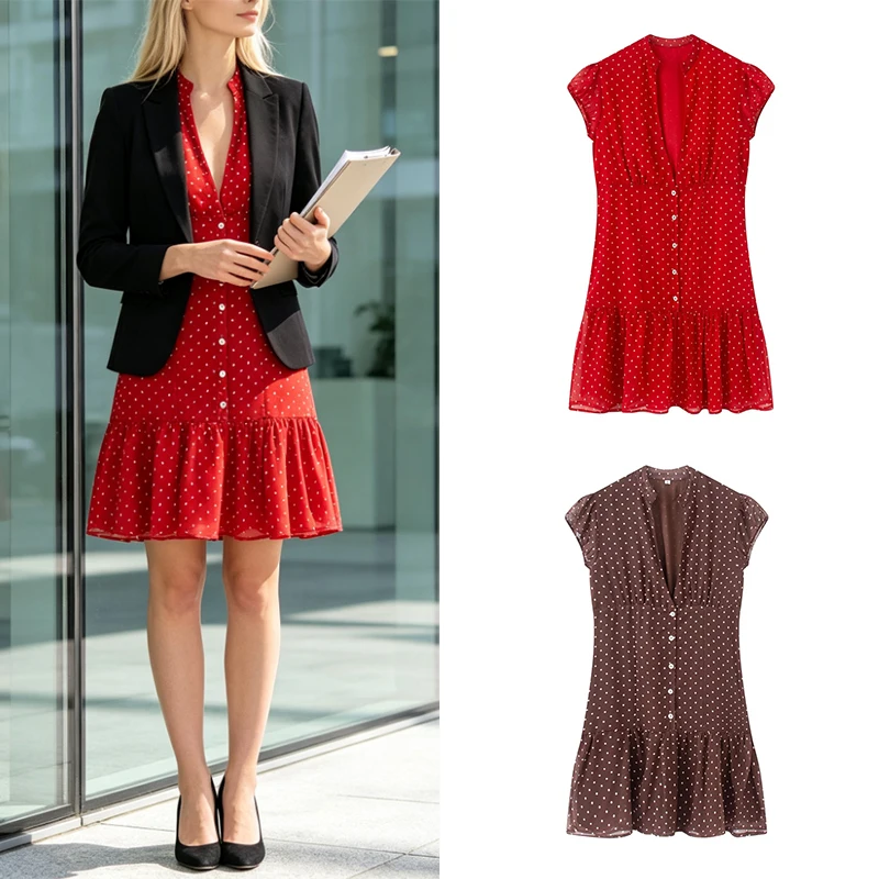 Guobioziy Short Round-Neck Polka Dot Dress Fashionable and Elegant High Street Style 2026 New Women's Collection