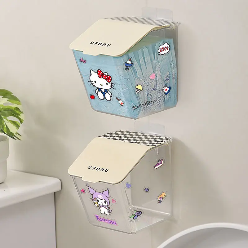 Cute Sanrioed Kuromi My Melody Hellokitty Wall Mounted Storage Box Toilet with Sanitary Pads Waterproof Organizer with Lid