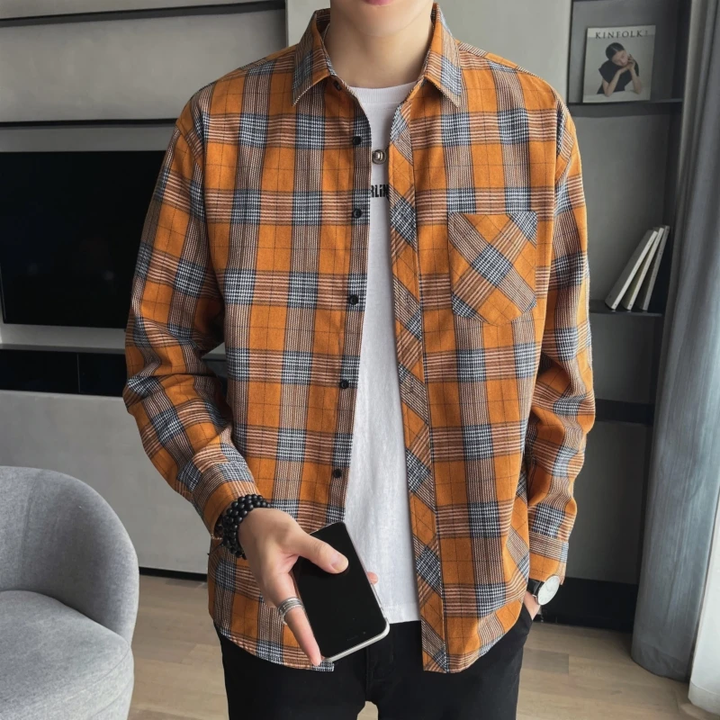 

Spring New Men's Long Sve irt Thin Casual Plaid Faionable Stand Fit Youth M Upper Apparel Autumn 2023 Polyester ...