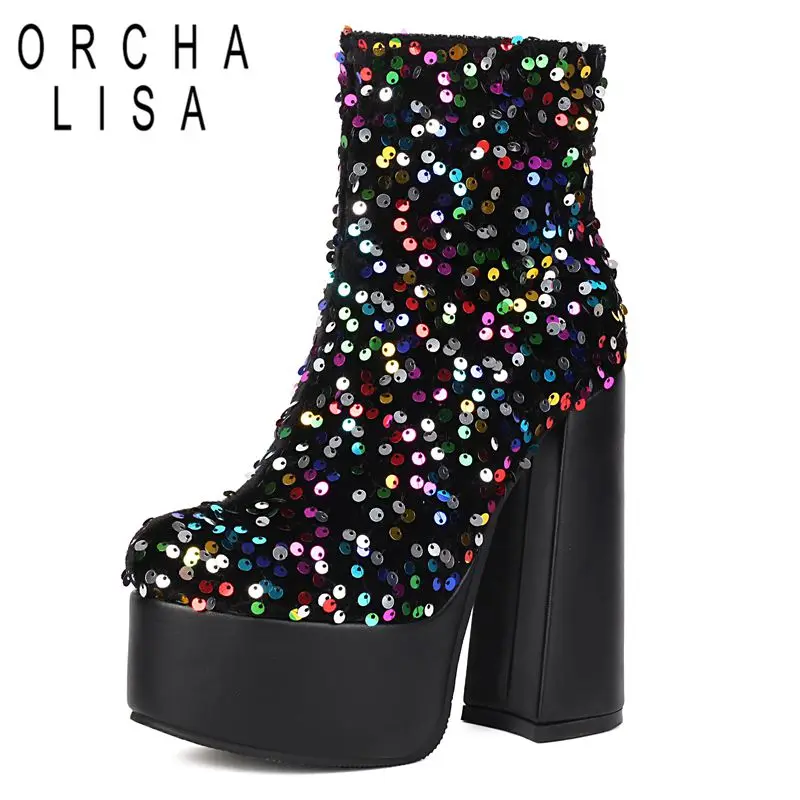 

ORCHA LISA 2025 Блестящие женские ботильоны с круглым носком на массивном каблуке 14,5 см, платформа 5 см, молния, большие размеры 44 45 46 47 Bling Party Bota