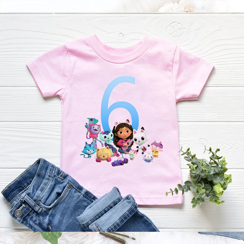 2022 Children'S Tshirts 3-13 Years Old Birthday Number Gabbys Doll House Cartoon Print Girls T-Shirts Birthday Party Clothing