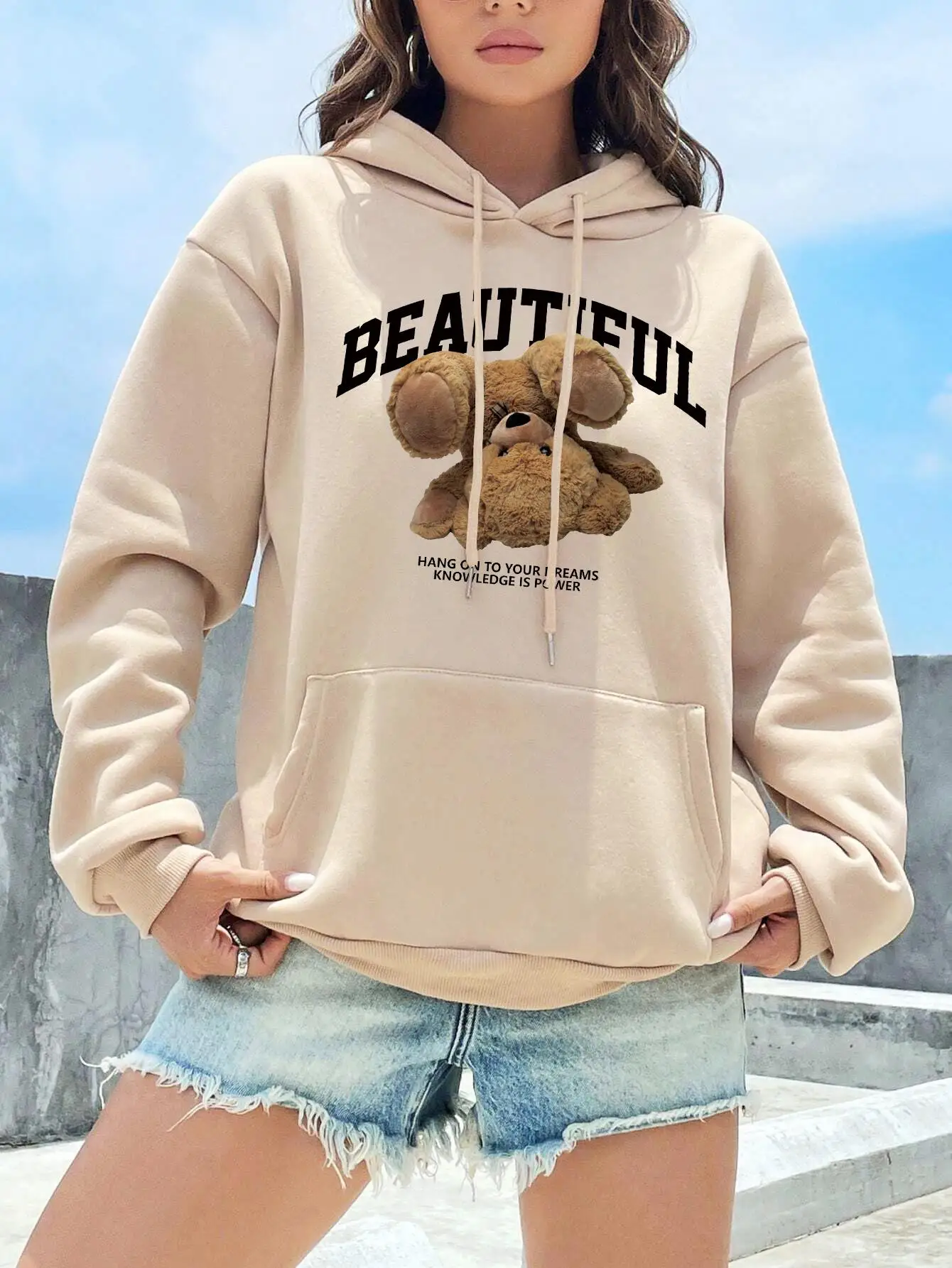 The Upside Down Teddy Bear Printing Hoodies Women Sports Fashion Casual Hooded Warm O-Neck Fleece Hoody Novelty Tide Clothes