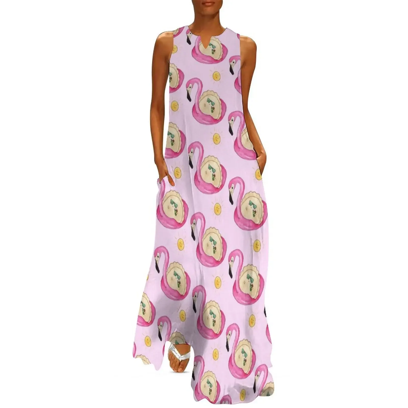 

Cute pink flamingo summer dumpling polish pierogi pattern Long Dress luxury evening dress woman for wedding Dress