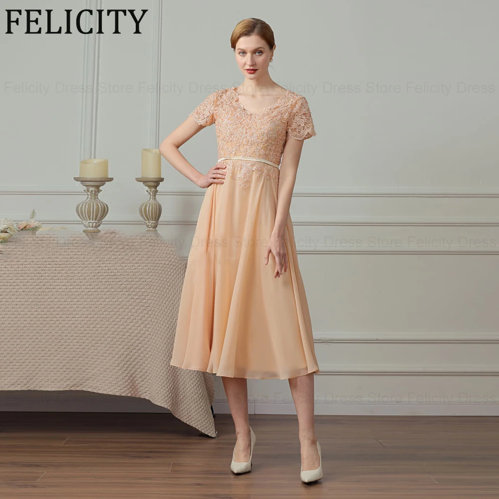 

FELICITY Elegant Mother of the Bride Dress 2024 A-Line V-Neck Formal Wedding Guest Dresses Chiffon Lace Appliques Evening Gowns