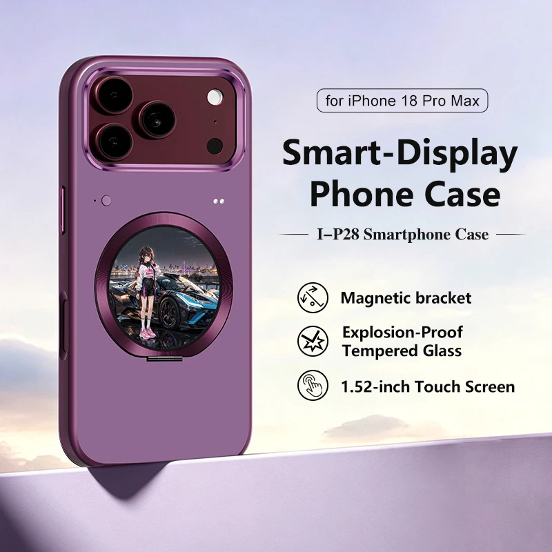 I-P28 Smart Phone Case for iPhone 18 Pro Max, 1.52 Inch Touch Screen, BT 6.0, Magnetic Charging