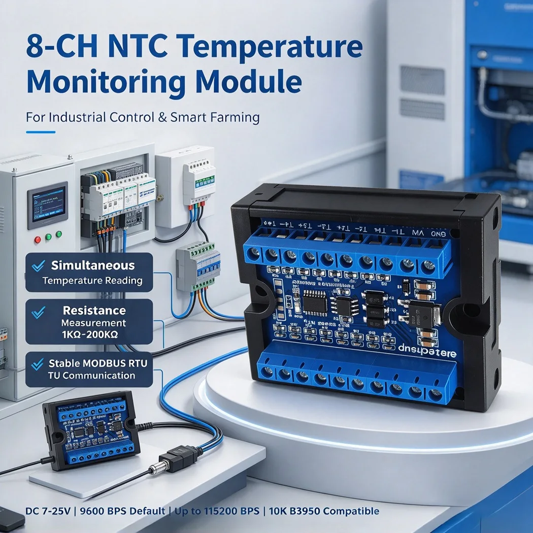 NT57B08 8CH 10K B3950 NTC Temperature Acquisition Module RS485 Modbus RTU DC7-25V Measure Temperature and Resistance