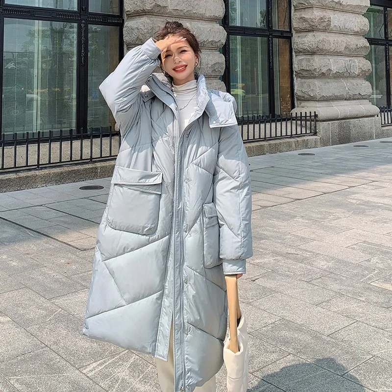 Fashion New Women Hooded Over Knee Puffer Coat Zipper Snap Buttons Big Pocket Oversized Loose Fit Quilted Long Winter Outerwear