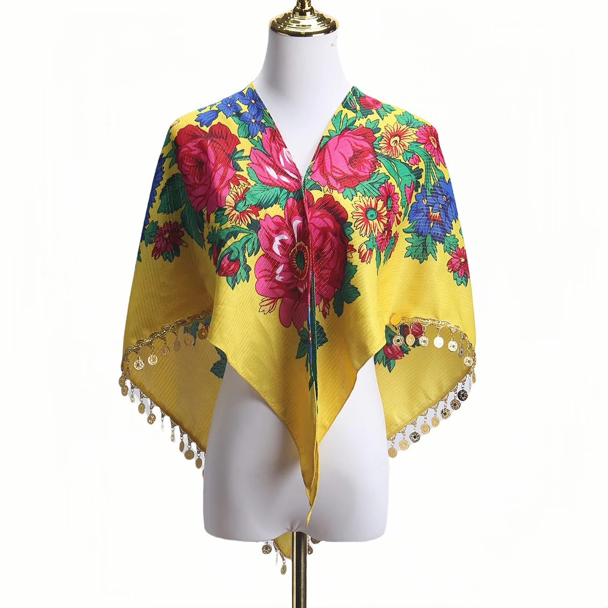 Sparkling Golden Pieces Tassel Shawl Luxury Floral Print Triangle Scarf Lady Pareo Bandana Headband Scarves Female Head Wraps